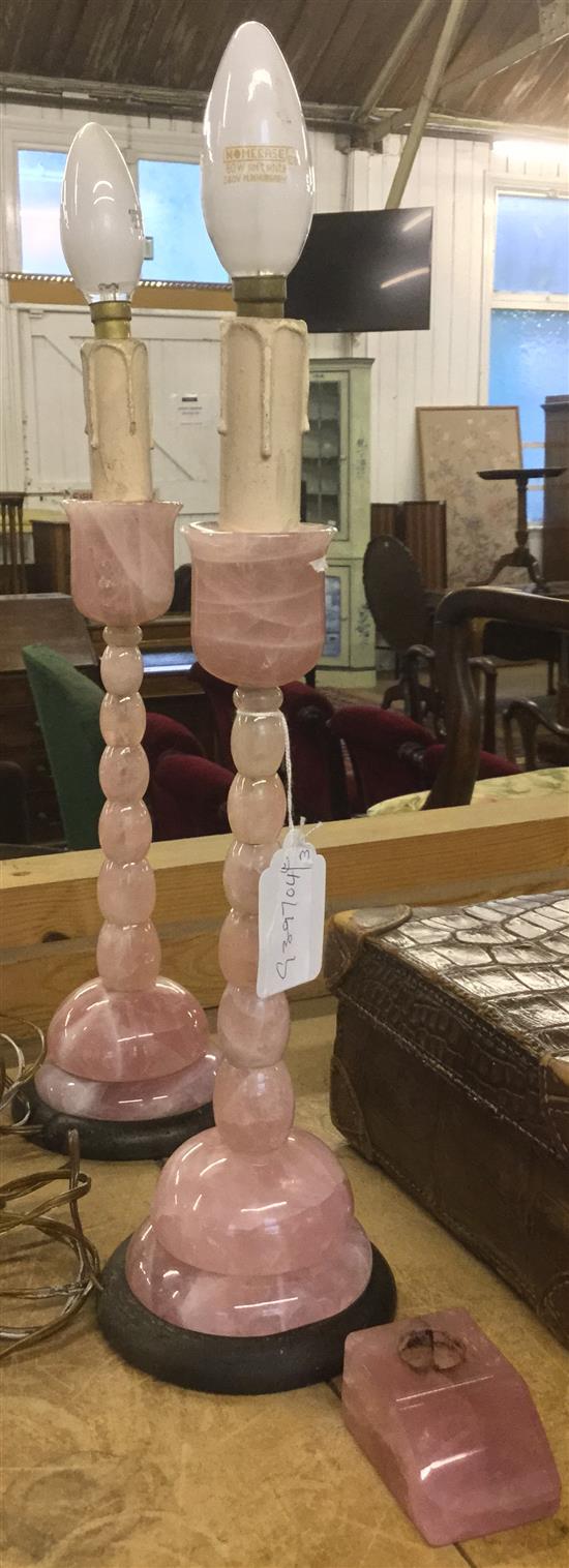 Pair of rose quartz table lamps & a candle holder